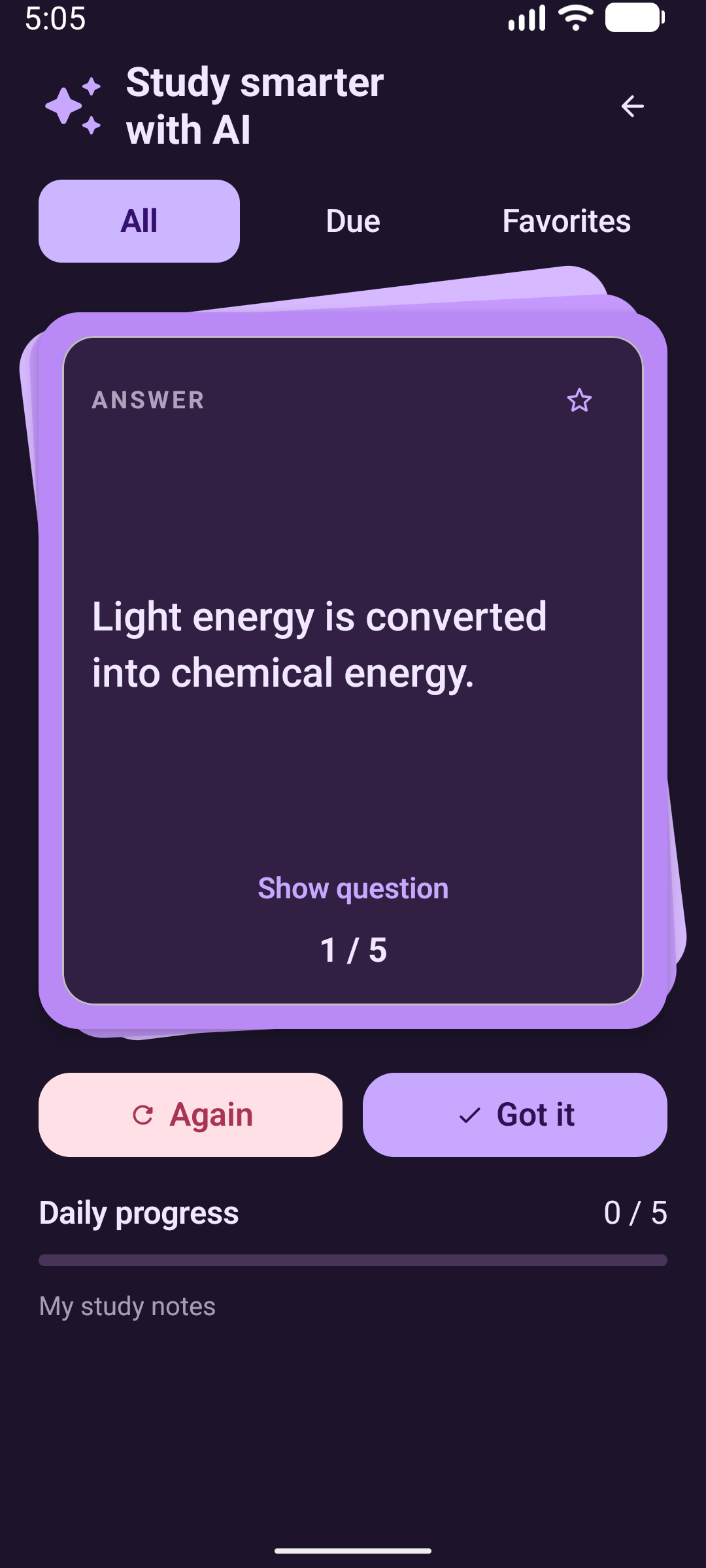 PocketCards dark theme with review actions and flashcard filters