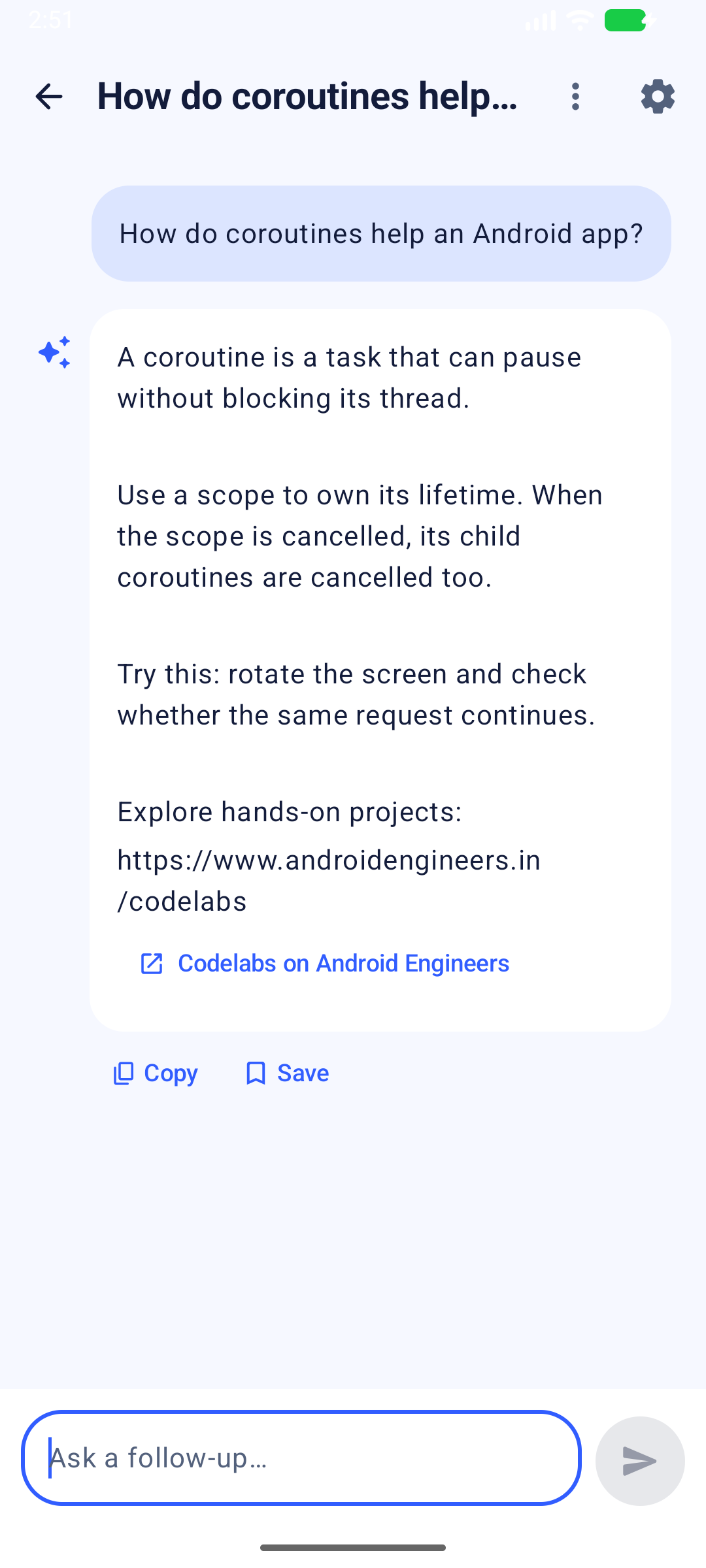 PocketChat conversation explaining coroutines with a codelab resource button