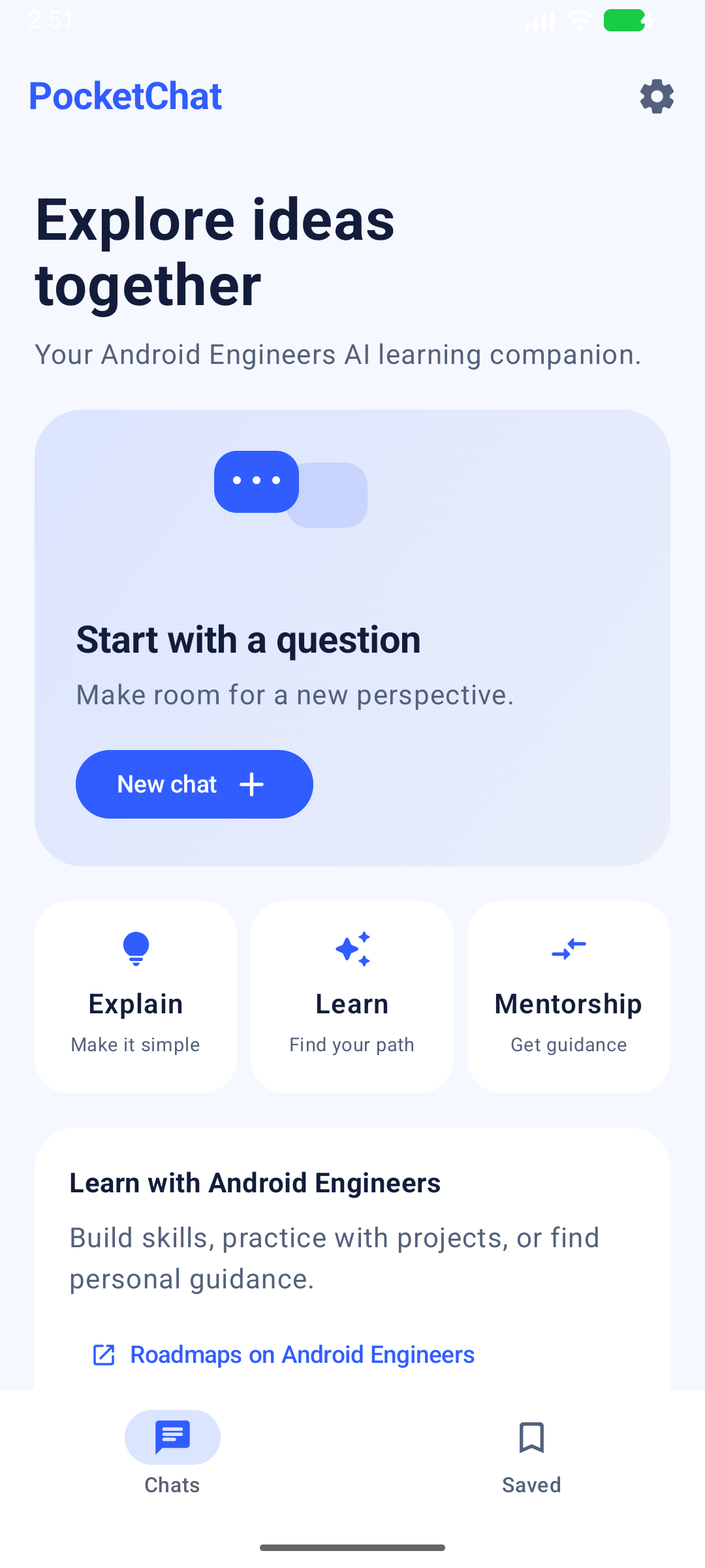 PocketChat home with Android Engineers learning options