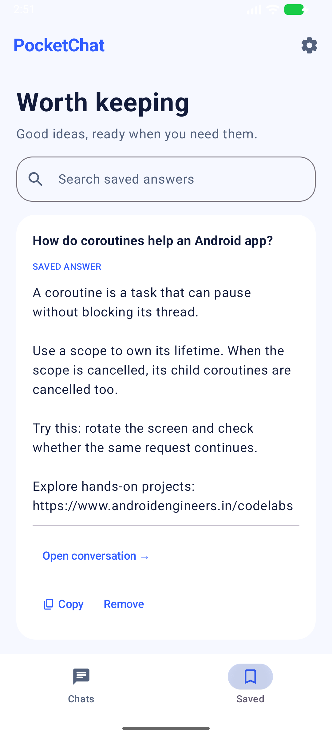 PocketChat saved answer with source conversation action