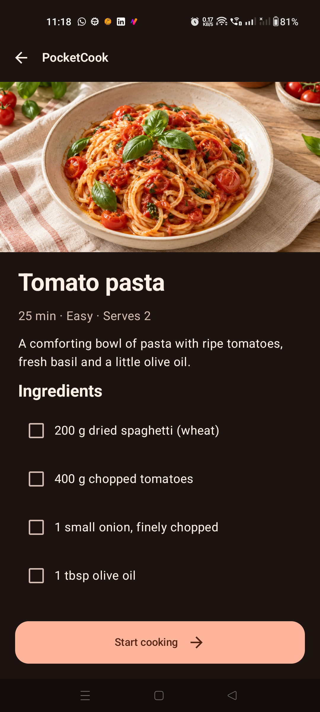 PocketCook recipe details, ingredients and start button